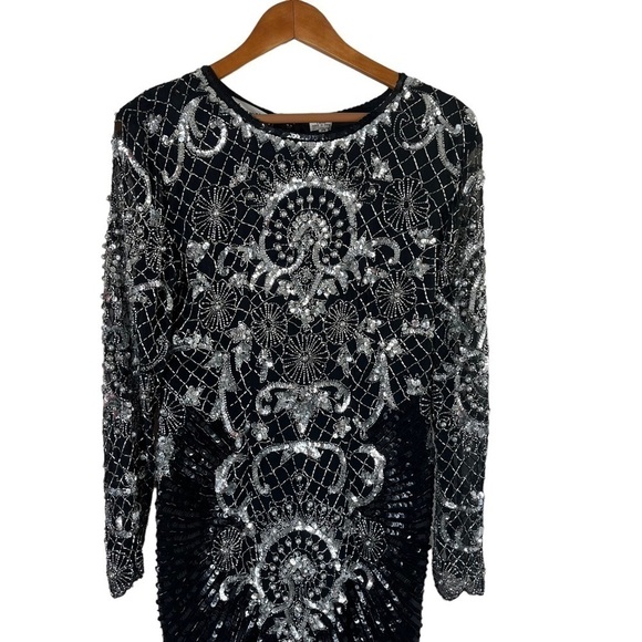 VINTAGE CHAMPELLYSE Great Gatsby Beaded Cocktail Long Sleeve Midi Dress - Picture 4 of 13